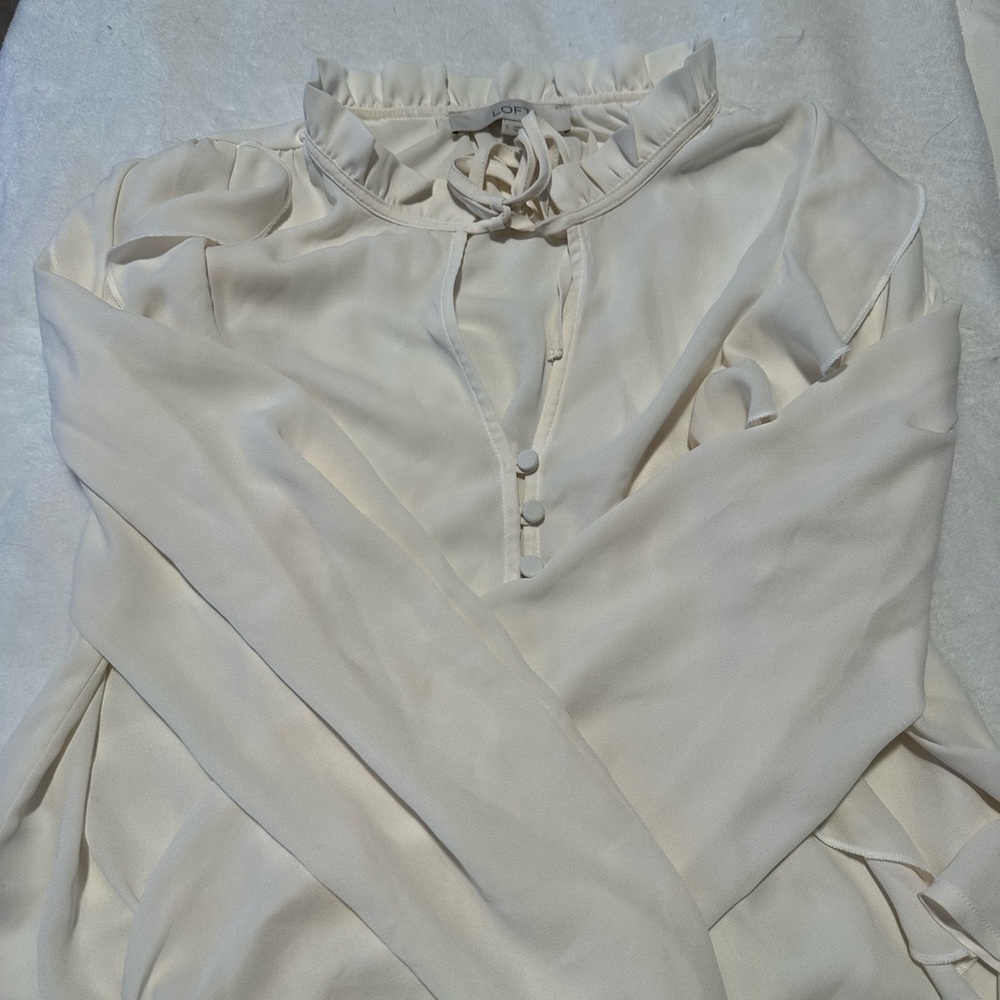 LOFT Cream Ruffled Blouse - Picture 2 of 5